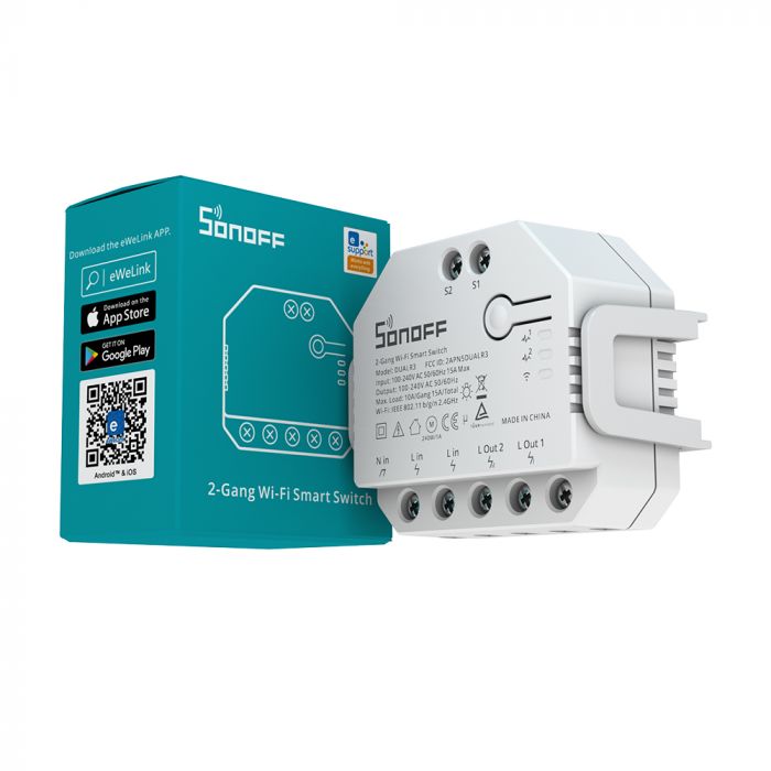 SONOFF DUALR3 2in/2out 智慧開關(2個接點輸入/2個繼電器輸出)含智慧電力監控WI-FI版、eWeLink-Remote版